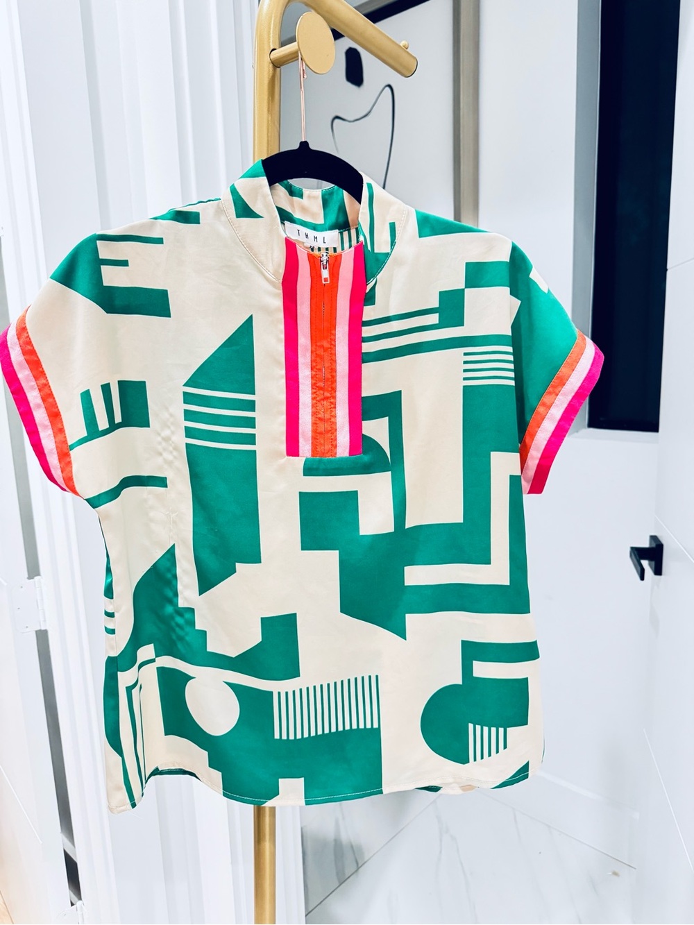 THML Geometric Print Short Sleeve Top in Cream & Teal with Pink Accent